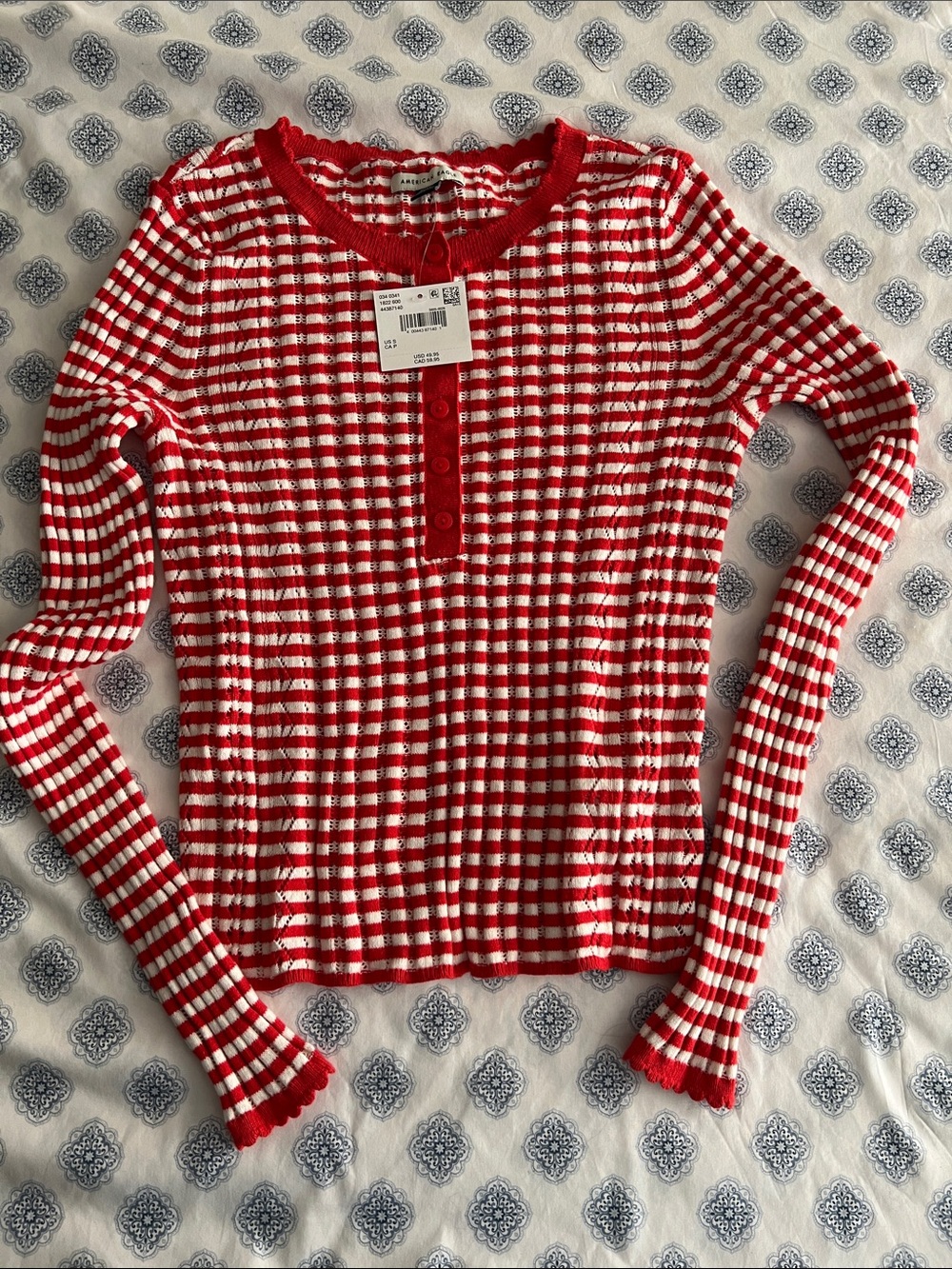 American Eagle Outfitters Red & White Striped Ribbed Henley